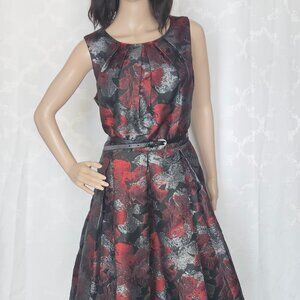 Roz & Ali - Elegant Red and Black Floral Jacquard Dress